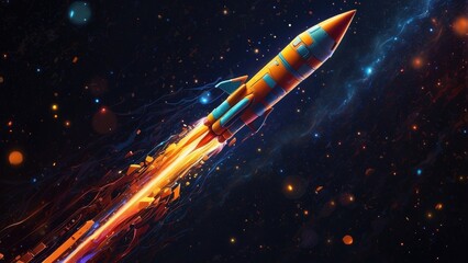 Digital illustration of a rocket made of glowing orange geometric lines and points
