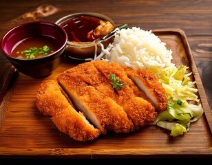 Crispy Japanese chicken katsu is thinly sliced ​​and served with shredded cabbage, katsu sauce, rice and miso soup on the side, neatly arranged on a wooden tray