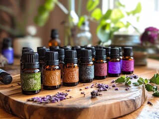 Dark amber glass bottles with black caps on wooden board, dried lavender and mint sprigs