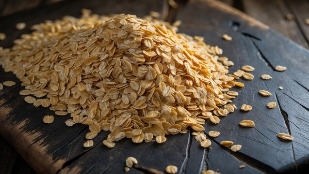 Textured marks from a kitchen knife on a chopping board with rolled oats in a heap.