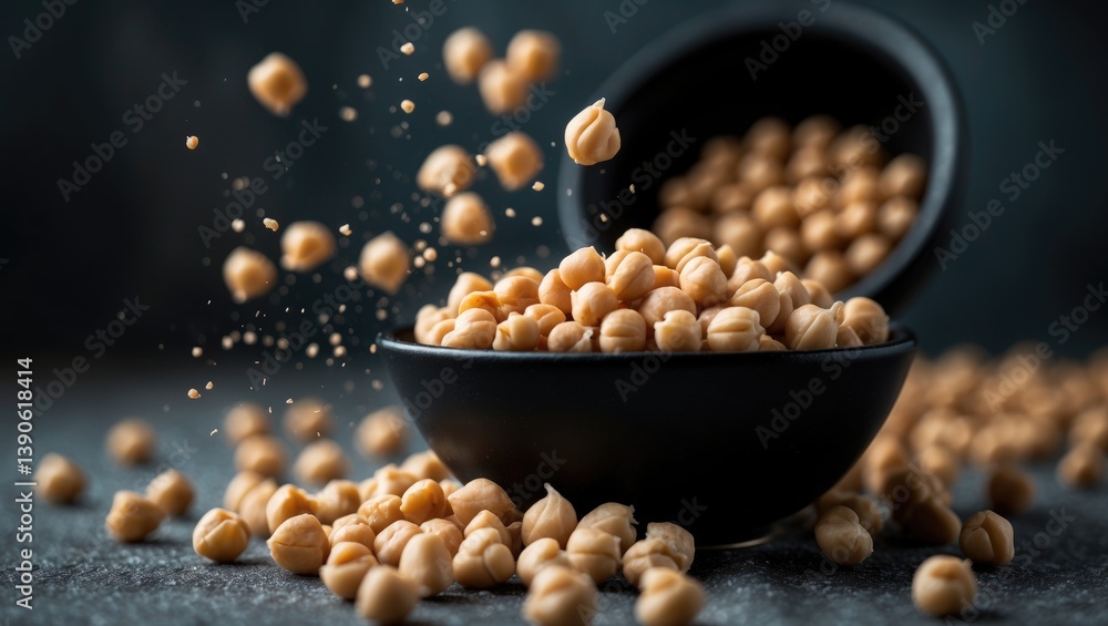 Poster chickpeas cascading from a bowl. shadowy background. close-up photograph