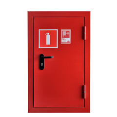 A red fire box with a hydrant and a fire extinguisher. The inscription in Russian "PK - in case of fire call 01".