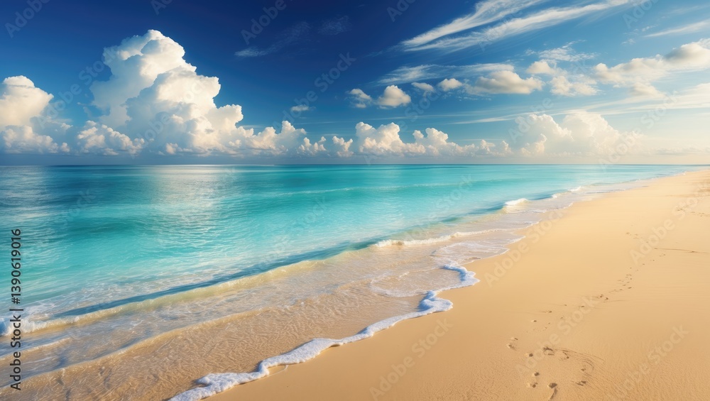 Poster wide-angle view of an empty tropical beach under a clear blue sky.