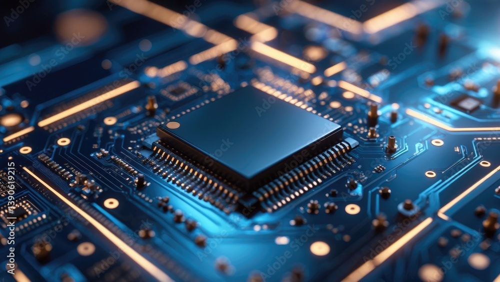 Poster a high-tech ai supercomputer highlighting a close-up of the transistor on the pcb board