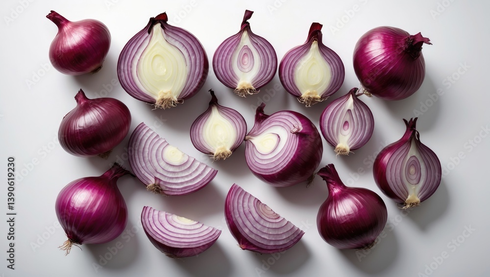 Poster a grouping of whole and chopped red onion. top-down view.