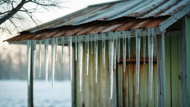 Frozen icicles near a wooden structure--a seasonal scene highlighting the allure of nature's frost. Suitable for visuals related to winter and climate.