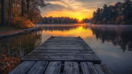 Naklejka premium Serene autumn lake with wooden dock at sunset