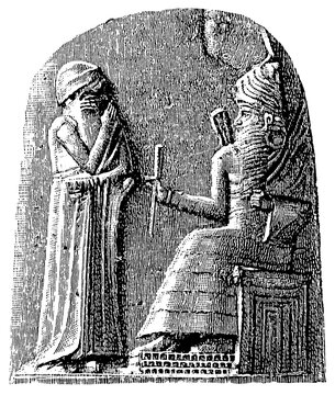 Relief of Hammurabi. Ancient Oriental art. Publication of the "Meyers encyclopedia", Vol. 7, Leipzig, Germany, 1910.