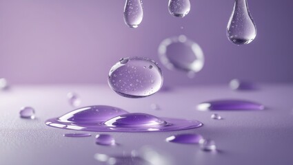 Water droplets of clear gel serum on a soft pastel background.