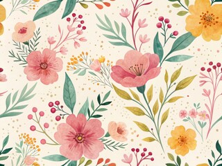 This seamless watercolor floral pattern features a variety of pastel pink, peach, yellow, and orange flowers, leaves, and berries on a light beige background.