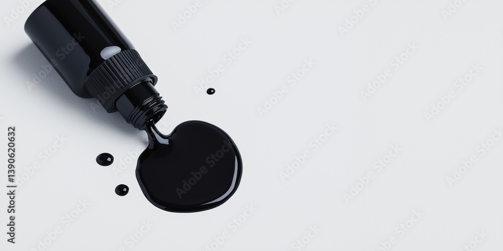 Poster ink spill abstract: a stark visual of a black ink bottle spilled, creating an abstract pool and drop
