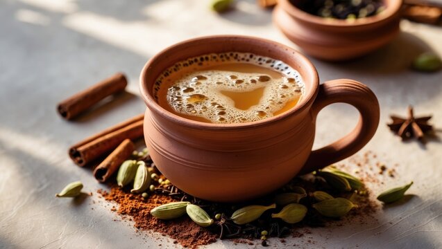 A natural clay cup of steaming masala tea.