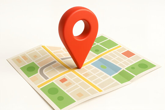 Simplified 3d model, icon style map with colored blocks of areas like streets, parks, or buildings. On the map, there is a large red map pin icon, concept of location marking and navigation.