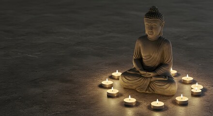 Stone Buddha with candles on textured floor