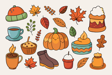 sticker set. Cozy hygge fall icons. Scarf, candle, hot chocolate, socks, pie, pumpkin spice latte etc