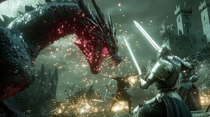 Epic fantasy battle armored knight fights fire-breathing dragon in castle courtyard