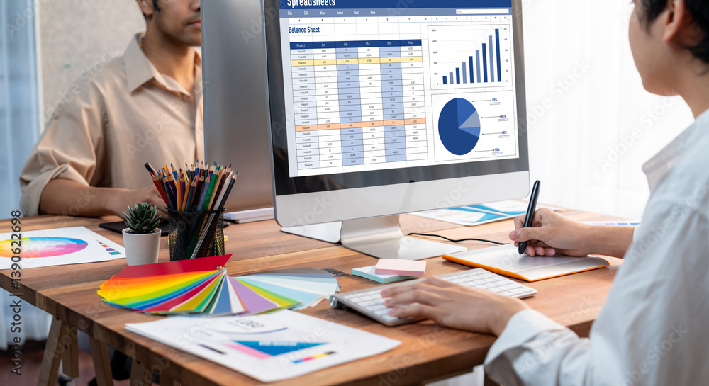 Aufkleber Spreadsheet document information financial startup concept. data and graphs in spreadsheet documents for online analysis project dashboard accounting digital brisk