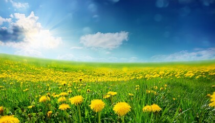 Obraz premium beautiful meadow field with fresh grass and yellow dandelion flowers in nature against a blurry blue sky with clouds summer spring perfect natural landscape