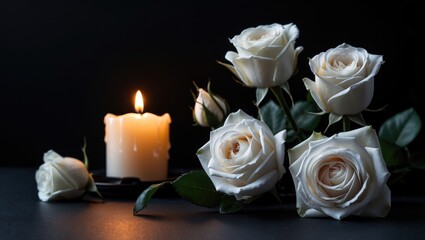 Obraz premium A dark background featuring beautiful white roses with a glowing candle.
