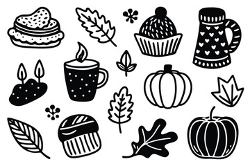sticker set. Cozy hygge fall icons. Scarf, candle, hot chocolate, socks, pie, pumpkin spice latte etc
