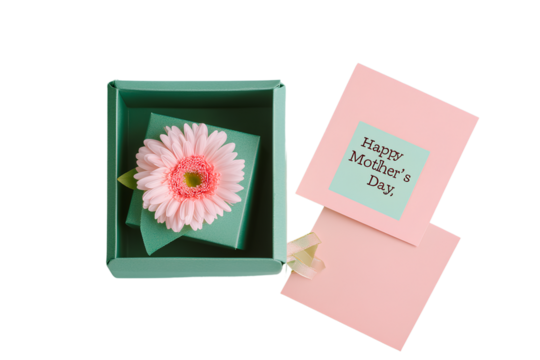 A photograph of an open green gift box with a flower inside and a card that reads "Happy Mother's Day," set against a transparent background 