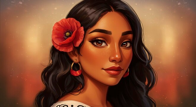 Close-Up Portrait of a Puerto Rican girl with black hair adorned with a vibrant red Amapola flower. 