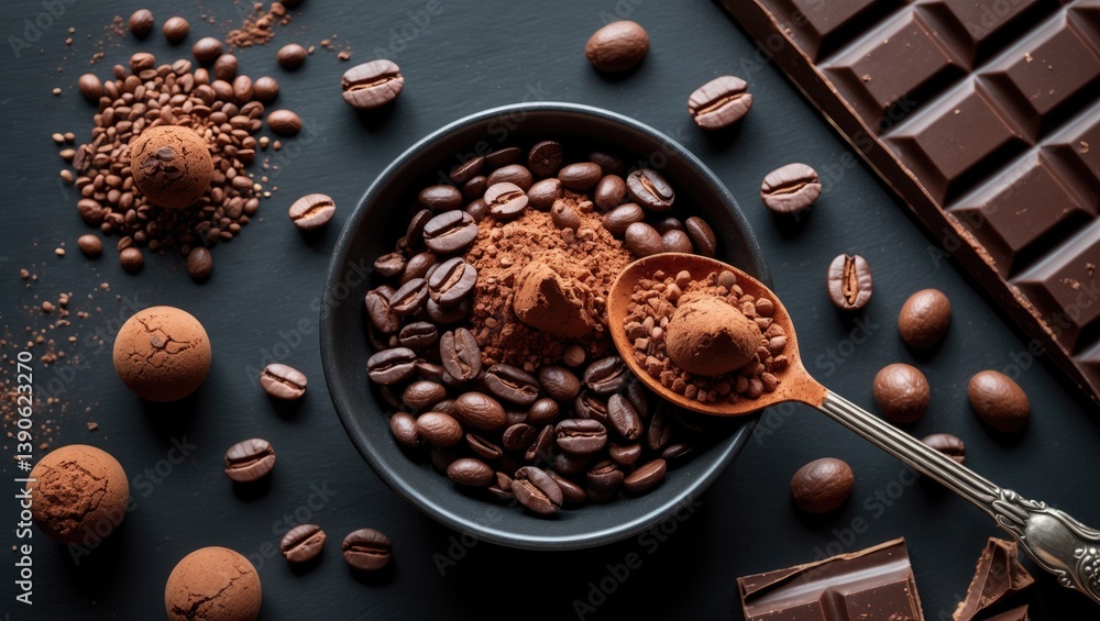 Poster Concept of cocoa and chocolate. Spoonful of cocoa powder near cocoa beans and fragmented chocolate on a black surface