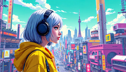 Anime Girl with Headphones Overlooking Futuristic Neon Cityscape, Digital Art Style