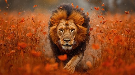 Majestic lion charging through a vibrant orange field of flowers during a dramatic sunset