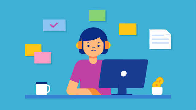 Client Call A sales expert sitting at a desk with a headset engaged in a phone call with sticky notes and a computer displaying a SaaS product on the screen. - Powered by Adobe