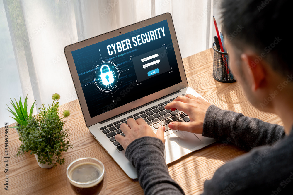 Poster cyber security system on computer screen protect private information snugly from hacker and cyber at