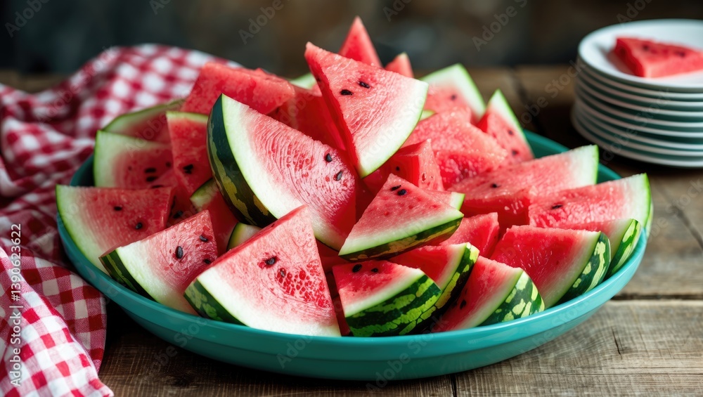 Poster collection of triangular pieces of a sweet, icy, and delectable watermelon displayed on a large serv