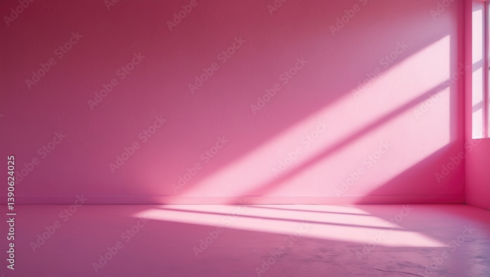 Poster wall interior backdrop, studio setting showing products with shadow from window on pink background f