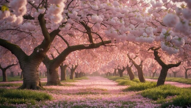 Ancient orchard adorned with flower petal carpet.