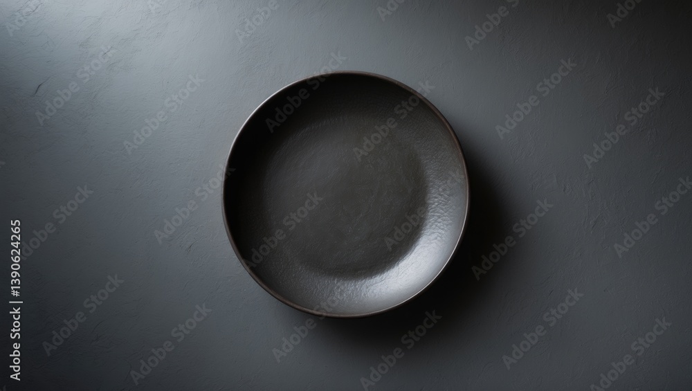Poster Close-up of a textured round ceramic plate in dark color. Background with free text area.