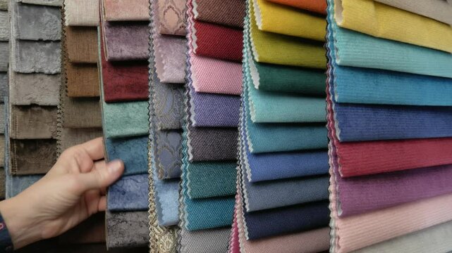 Catalog of textiles for the manufacture of upholstered furniture. Samples of multicolored fabrics. A woman chooses a fabric for a sofa. Color selection. textile industry.