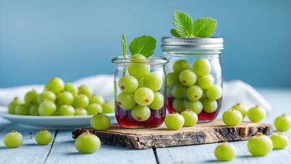 A small jar of homemade jam and fresh gooseberries set on a white background. Selective focus.