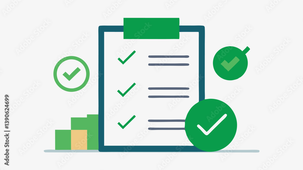 Poster checkmark and tax forms a checklist with a green checkmark next to critical tax activities like trac