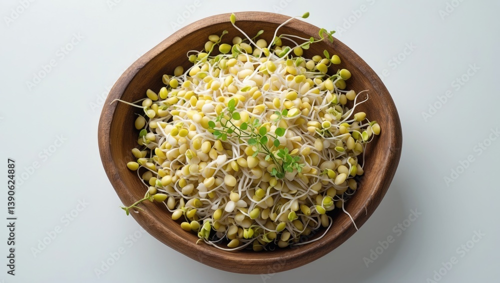 Aufkleber top view of mung bean sprouts in a wooden bowl against a white background