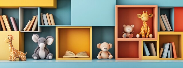Whimsical bookshelf filled with colorful children's books and plush animals Generative AI