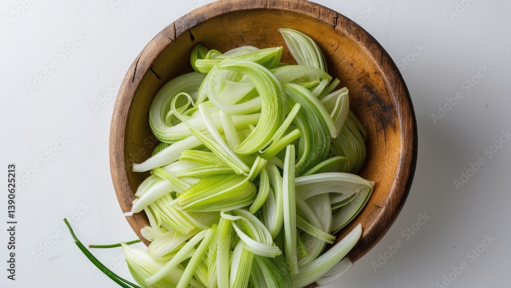 Poster minced spring onions displayed in a wooden bowl isolated on a white background.