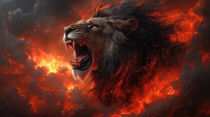 Majestic roaring lion emerging from fiery clouds, symbolizing strength and power in nature