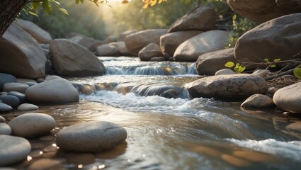 A serene river meanders through the landscape, flanked by stones of various sizes.