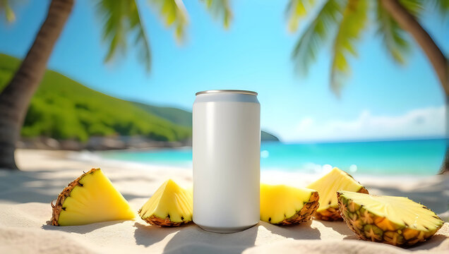 Mockup of blank white soda can with pineapples on beach sand, coconut tress, sunny beach, ocean view, holiday vibes, summer concept. Perfect for your brand or design - Powered by Adobe