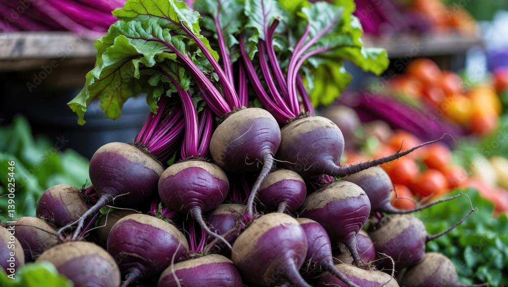 Poster several purple beets with green leaves, differing in size and stacked on top of each other.
