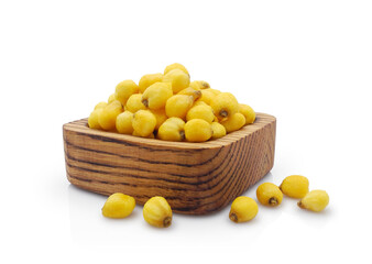 Fried salted corn snack in wooden square bowl isolated on white background