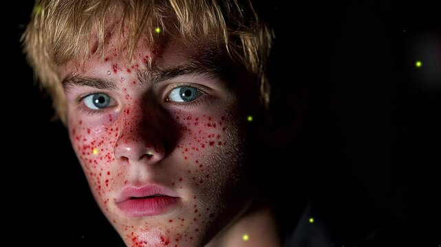 Intense portrait showcasing severe facial swelling resulting from anaphylaxis during a medical emergency
