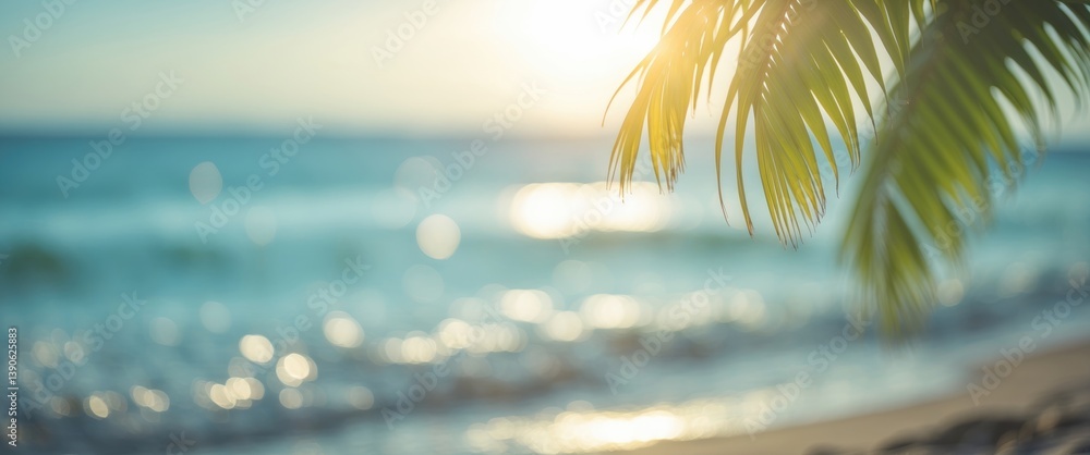 Poster blurred stunning nature green palm leaf on tropical beach with bokeh sunlight wave abstract backdrop