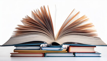 Fototapeta premium pile of books with one book open on a white isolated background generative ai