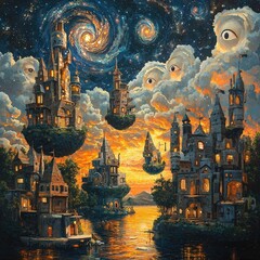 Obraz premium Fantastical floating cityscape with ornate illuminated architecture under colorful celestial sky